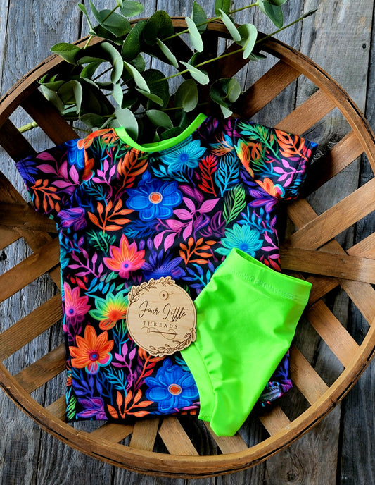 Neon Floral Iris Swim Set